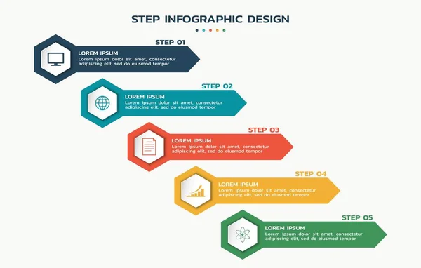 Process infographic. steps flowchart with hexagons with icons and text — Stock Vector
