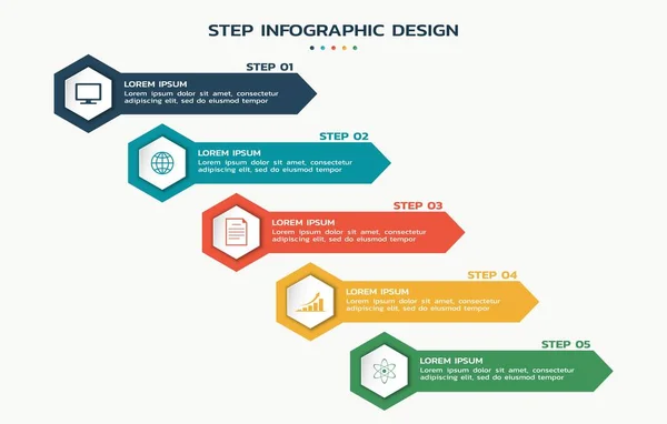 Процесс инфографики. шаги flowchart с шестиугольниками с иконками и текстом — стоковый вектор