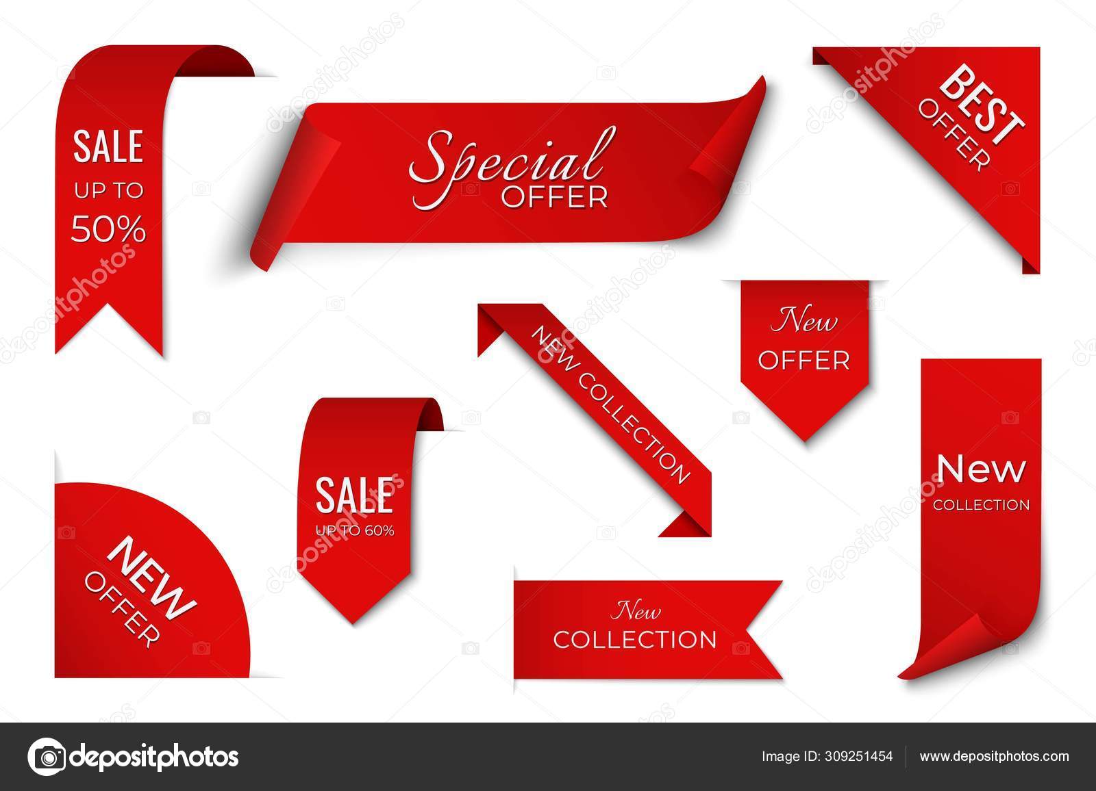 Red ribbons, labes and tags, banners and bookmark realistic vector set.  Glossy silky ribbon, various shape blank price tags, web sale labels and  web banners template hanging, sticking out and corner Stock