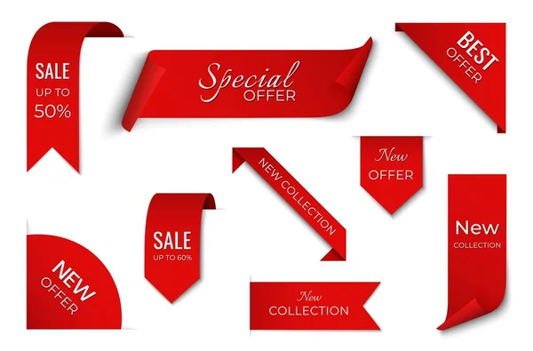 Set of red sale ribbon banner. label design. isolated vector tags — Stock Vector