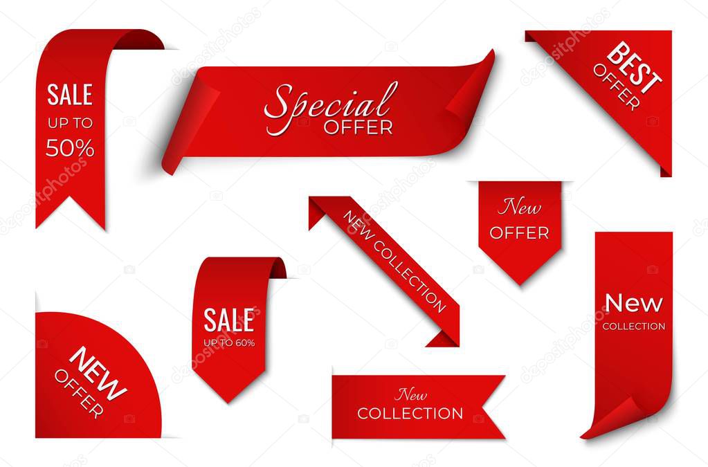 set of red sale ribbon banner. label design. isolated vector tags