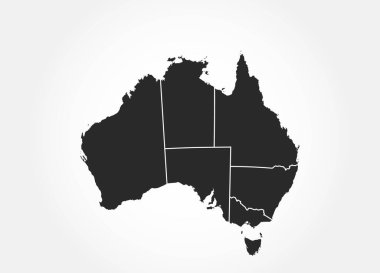 Avustralya vektör haritası. Ülkenin izole edilmiş şablon haritası devletlere bölündü