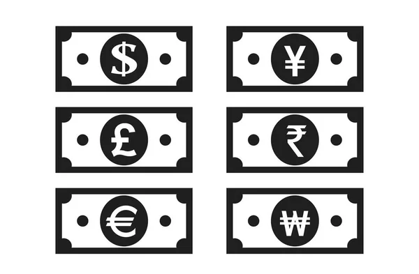 Bankjegyek Ikonja Dollár Euró Angol Font Sterling Japán Jen Indiai — Stock Vector