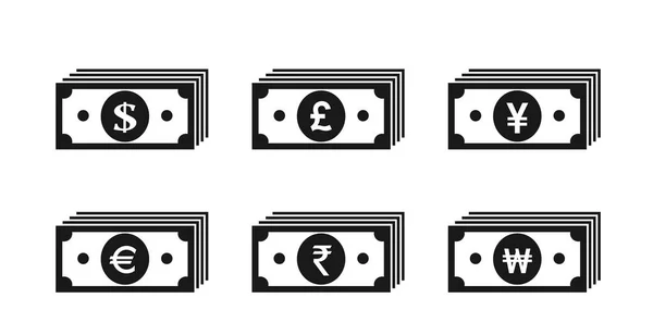 Ícones Pilha Notas Dinheiro Dólar Euro Libra Esterlina Britânica Iene —  Vetores de Stock