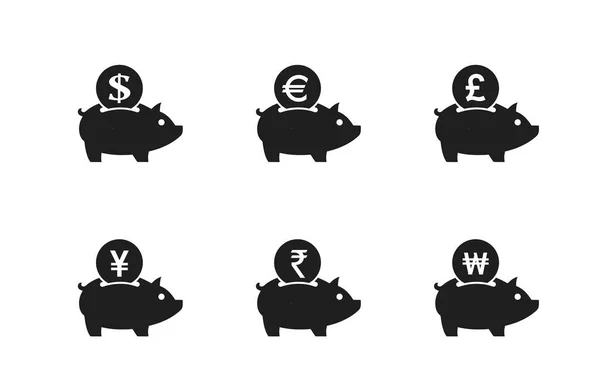 お金のアイコンセットを保存します 貯金箱だ ユーロ 英ポンド 日本円 インドルピー 韓国ウォンの通貨記号 金融と銀行のインフォグラフィックデザイン要素は — ストックベクタ