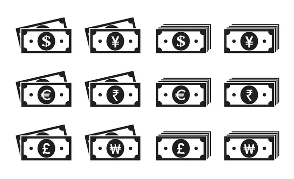 Set Van Bankbiljetten Stapel Pictogram Dollar Euro Brits Pond Sterling — Stockvector