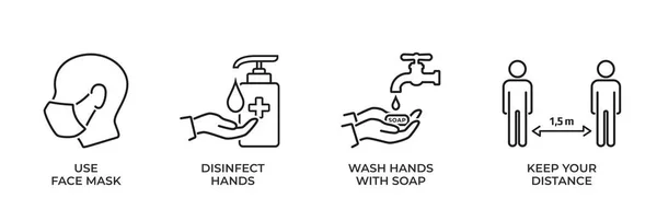 Koronavirüs koruması ve hastalık önleme ikonu hazır. Yüz maskesi kullan, ellerini dezenfekte et, ellerini sabunla yıka, mesafeni koru. tıbbi bilgi ögesi ve web tasarımı sembolü