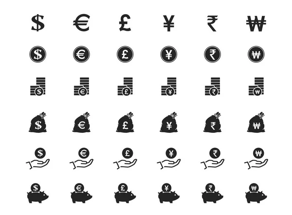 金融とお金のアイコンセット ユーロ 英ポンド スターリング 日本円 インドルピー 韓国ウォンの通貨記号 金融や銀行のウェブデザインの要素 — ストックベクタ