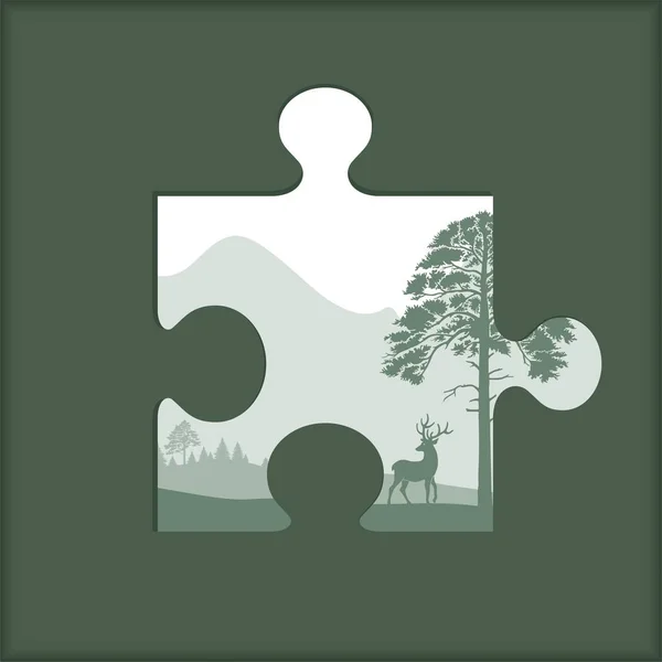 Pièce Puzzle Avec Paysage Montagnes Pin Cerf Illustration Vectorielle — Image vectorielle