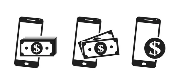 Telefoon Geld Pictogram Set Bankbiljetten Munten Van Dollars Smartphones Betaling — Stockvector