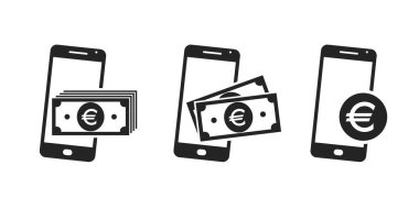 cep telefonu para simgesi seti. Avro banknotları ve akıllı telefondan bozuk para. Web tasarımı için finansal semboller