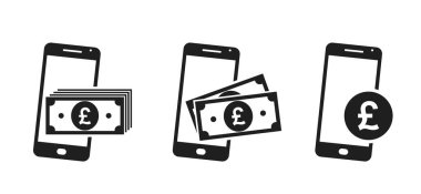 cep telefonu para simgesi seti. İngiliz sterlin banknotları ve akıllı telefondan bozuk para. Web tasarımı için finansal semboller