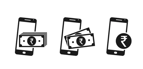 Telefoon Geld Pictogram Set Indiase Roepie Bankbiljetten Munten Smartphone Financiële — Stockvector