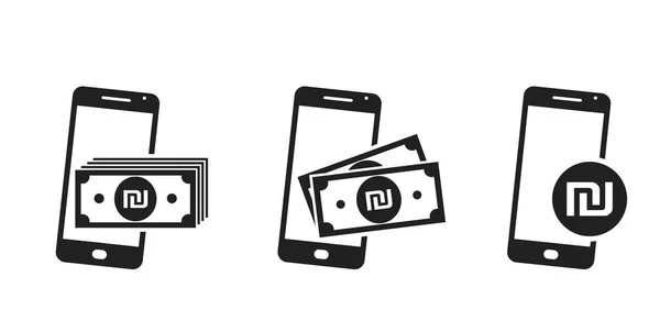 Telefoon Geld Pictogram Set Israeli Sjeik Bankbiljetten Munten Smartphone Financiële — Stockvector