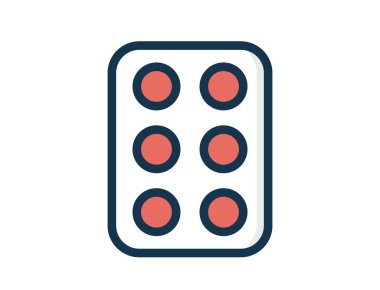 Altı tane kırmızı yuvarlak hap içeren su toplayan bir paketin sadeleştirilmiş, stilize bir çizimi. İlaç ya da ilaç ürünlerini temsil eder..