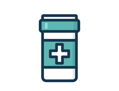 Üzerinde beyaz tıbbi haç bulunan deniz mavisi etiketli reçeteli ilaç kutusunun simgesi. İlaç ve eczaneyi sembolize eden şişe.