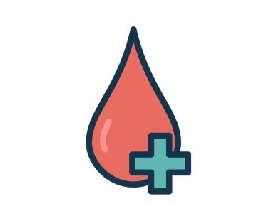 Tıbbi haçı olan stilize kırmızı kan damlası ikonu. Görüntü sağlık, kan bağışı ve tıbbi desteği sembolize ediyor..