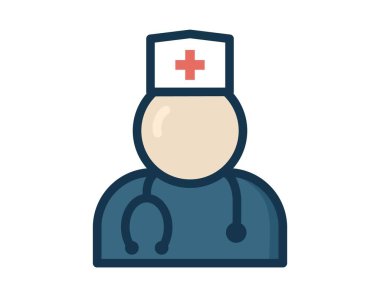 Düz, minimalist bir sağlık uzmanının kırmızı haçlı şapka takması ve boynunda steteskop olması. Sağlık hizmetini, doktoru ya da hemşireyi sembolize ediyor.