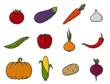 Çizgi film tarzında sebze çizimleri. Ekme ve hasat sembolleri. Doğal organik gıdalar. İzole vektör resimleri