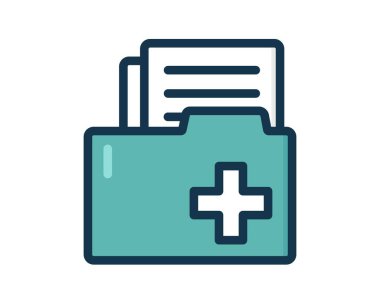 Tıbbi dosyaların stilize bir illüstrasyonu. Hasta kartı ve sağlık sigortası sembolü. İzole vektör resmi