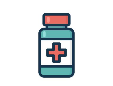 İlaç şişesi illüstrasyonu. İlaç ve eczane kullanımını sembolize eden şişe. İzole vektör resmi