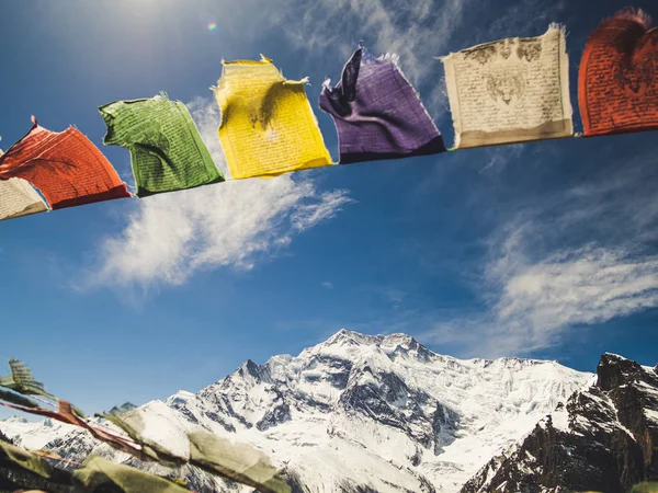 Nepal renkli dua bayrakları ile Annapurna dağ