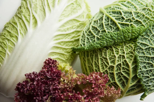 Verschiedene Grüns Zutaten Für Salat Wirsing Salat Spitzkohl Eine Gruppe — Stockfoto