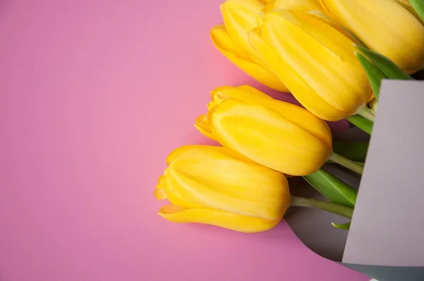 Bouquet Yellow Flowers Spring Tulips Flowers Gift Congratulations March February — Stock Photo, Image