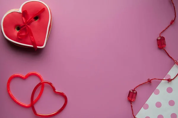 Romantic Background Valentine Gingerbread Hearts Love Love Congratulation Pink White — Stock Photo, Image