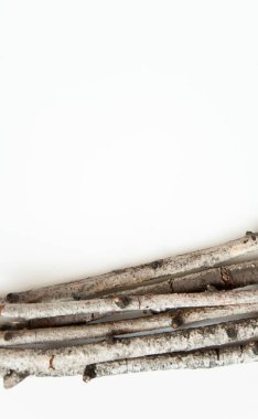 Beyaz bir arka plan üzerinde kuru eski huş ağacı dalları. Doğal malzemeler arka plan. Beyaz ağaç kabuğu.