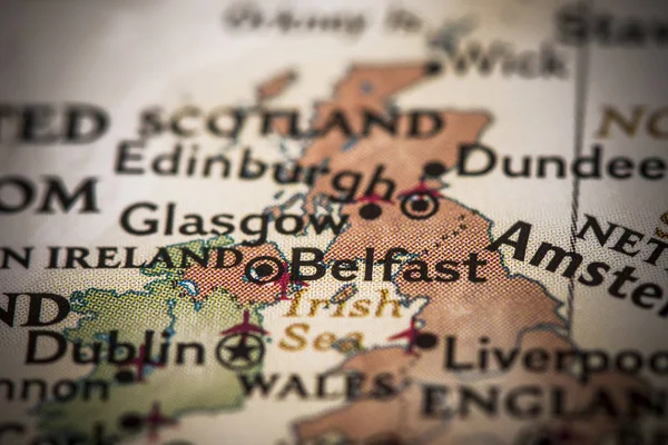 Closeup of Belfast, Ireland on a world map.