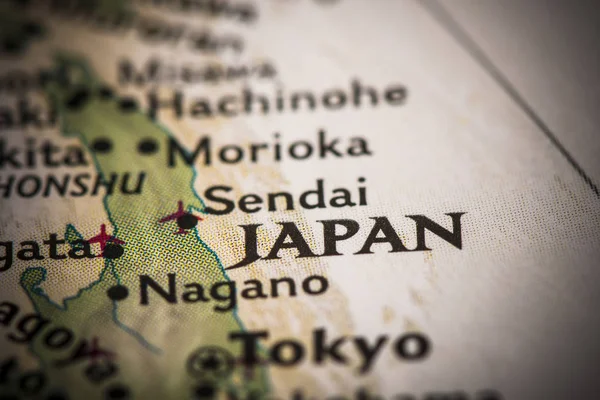 Closeup of Japan on a world map.