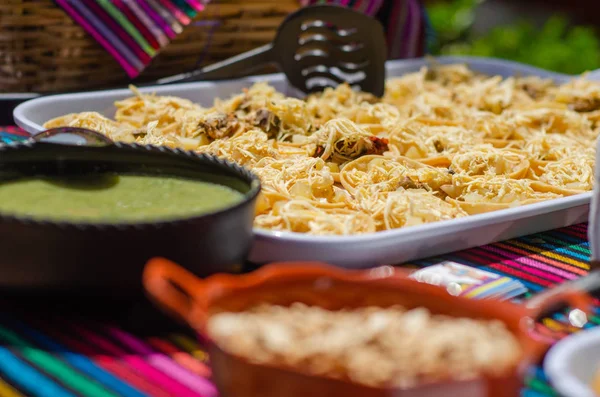 Chalupas served on a tray for a mexican buffet party — Stock Photo, Image