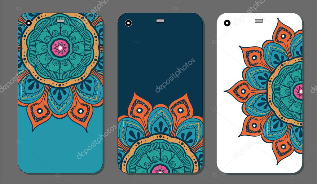Phone case mandala design set. Vintage decorative elements. Hand drawn background. Islam, Arabic, Indian, ottoman motifs
