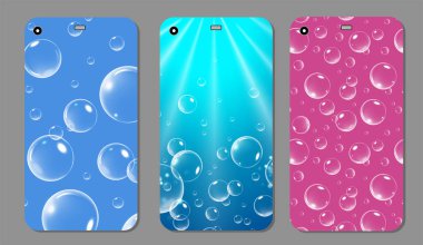 Mor parlak telefon durumda. Mavi ve pembe şablon kapak smartphone kabarcıkları ile. Vektör çizim