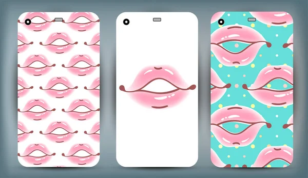 Phone case collection. Closeup beautiful lips of woman with red lipstick and gloss. Sexy wet lip make-up. Open mouth. Sweet kiss.Retro mobile phone decals. Vector illustration — Stock Vector