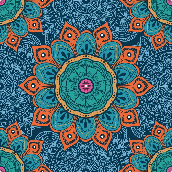 Mandala bloem kleurrijke achtergrond voor kaarten, prenten, textiel en kleurboeken. Naadloze patroon — Stockvector