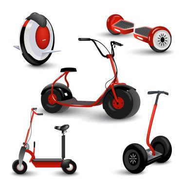 Gerçekçi kendi kendine karşı gyro kurulu iki tekerlekli scooter veya hoverboard 3 renkli şeffaf arka plan vektör çizim ayarlar