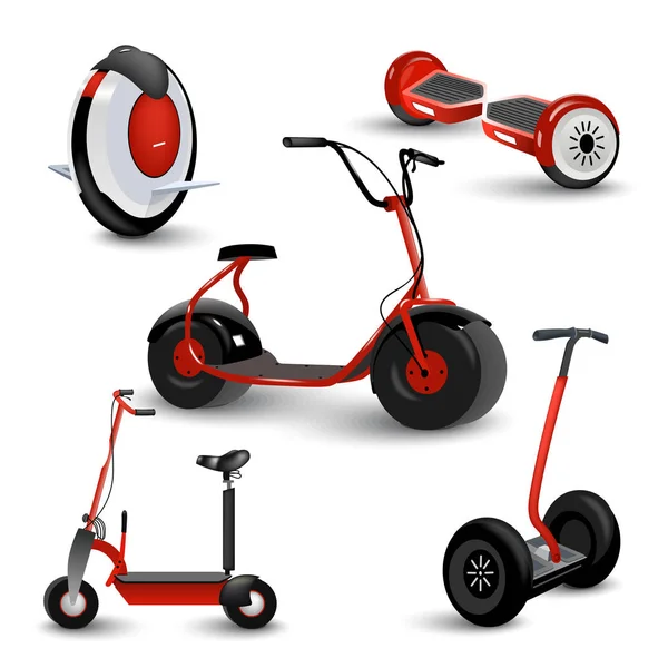 Realistische zelfbalancerende gyro bestuur tweewielige scooter of hoverboard 3 kleurrijke stelt transparante achtergrond vectorillustratie — Stockvector