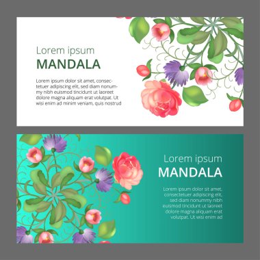 Vektör afiş ile çiçek süsleme ayarlayın. Gül, lale, yaprak. Dairesel süsleme.