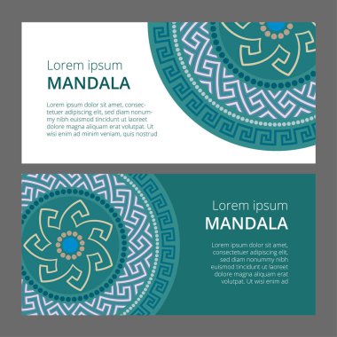 Vektör Yunan Biberi afiş set. Dairesel süsleme. Farklı renkli arka plan üzerinde mavi desen.