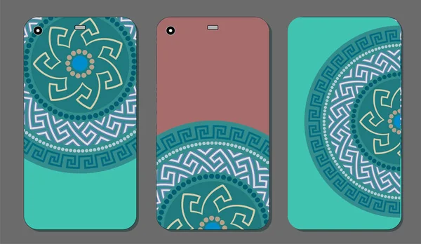 Phone case set with Greek circular ornament. Vintage decorative elements. Vector illustration. — Stock Vector