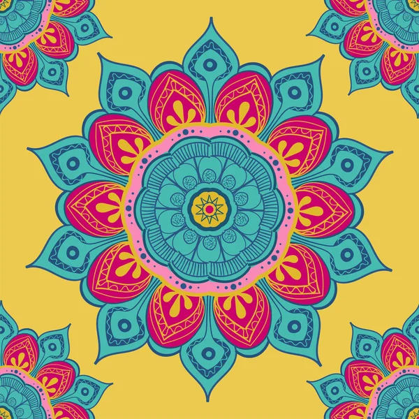 Mandala fiore sfondo colorato per carte, stampe, libri tessili e da colorare. Modello senza cuciture — Vettoriale Stock