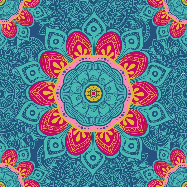 Mandala bloem kleurrijke achtergrond voor kaarten, prenten, textiel en kleurboeken. Naadloze patroon — Stockvector