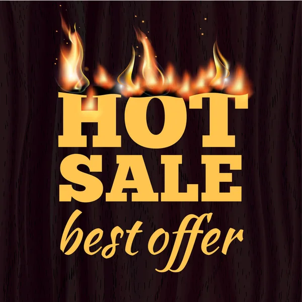 Hot prodej odznak šablony návrhu s realistický oheň plamen na dřevěných texture. Vektorové ilustrace — Stockový vektor