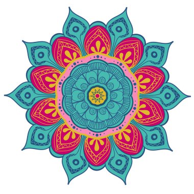 Mandala vektör tasarım öğesi. Yuvarlak süsleme dekorasyon. Renkli çiçek deseni. Stilize çiçek motifi. Karmaşık güzelleşmek örgü madalyon. Dövme Yazdır