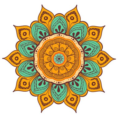 Mandala vektör tasarım öğesi. Yuvarlak süsleme dekorasyon. Renkli çiçek deseni. Stilize çiçek motifi. Karmaşık güzelleşmek örgü madalyon. Dövme Yazdır