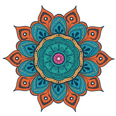 Mandala vektör tasarım öğesi. Yuvarlak süsleme dekorasyon. Renkli çiçek deseni. Stilize çiçek motifi. Karmaşık güzelleşmek örgü madalyon. Dövme Yazdır