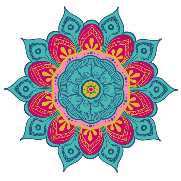 Mandala Vector Elemento di Design. Decorazione ornamento rotondo. Modello di fiore colorato. Motivo floreale stilizzato. Complesso fioriscono tessitura medaglione. Stampa tatuaggio — Vettoriale Stock
