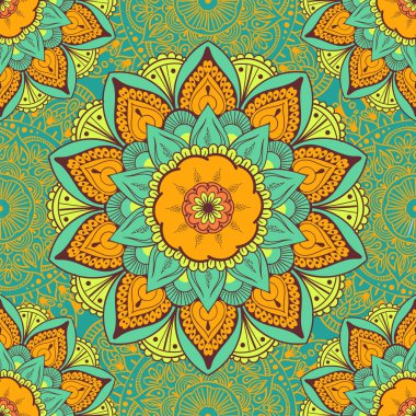 Çiçeksel güdüleri olan kusursuz etnik düzen. Kumaş ve kağıt için mandala stilize baskı şablonu. Boho şık tasarım. Yaz modası.